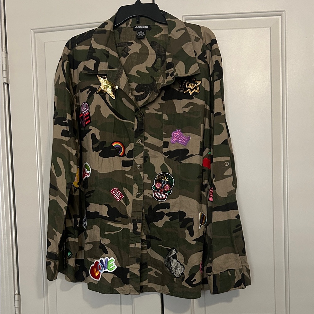 Camouflage Button Down Shirt with Colorful Patches